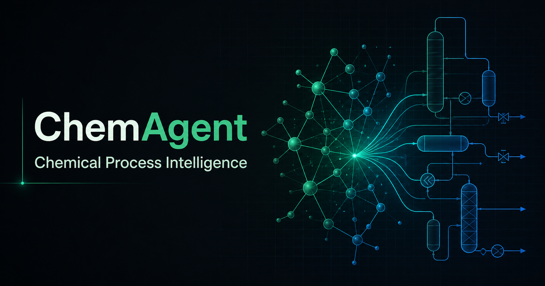 ChemAgent chemical process intelligence graphic connecting an engineering knowledge network to a process flowsheet